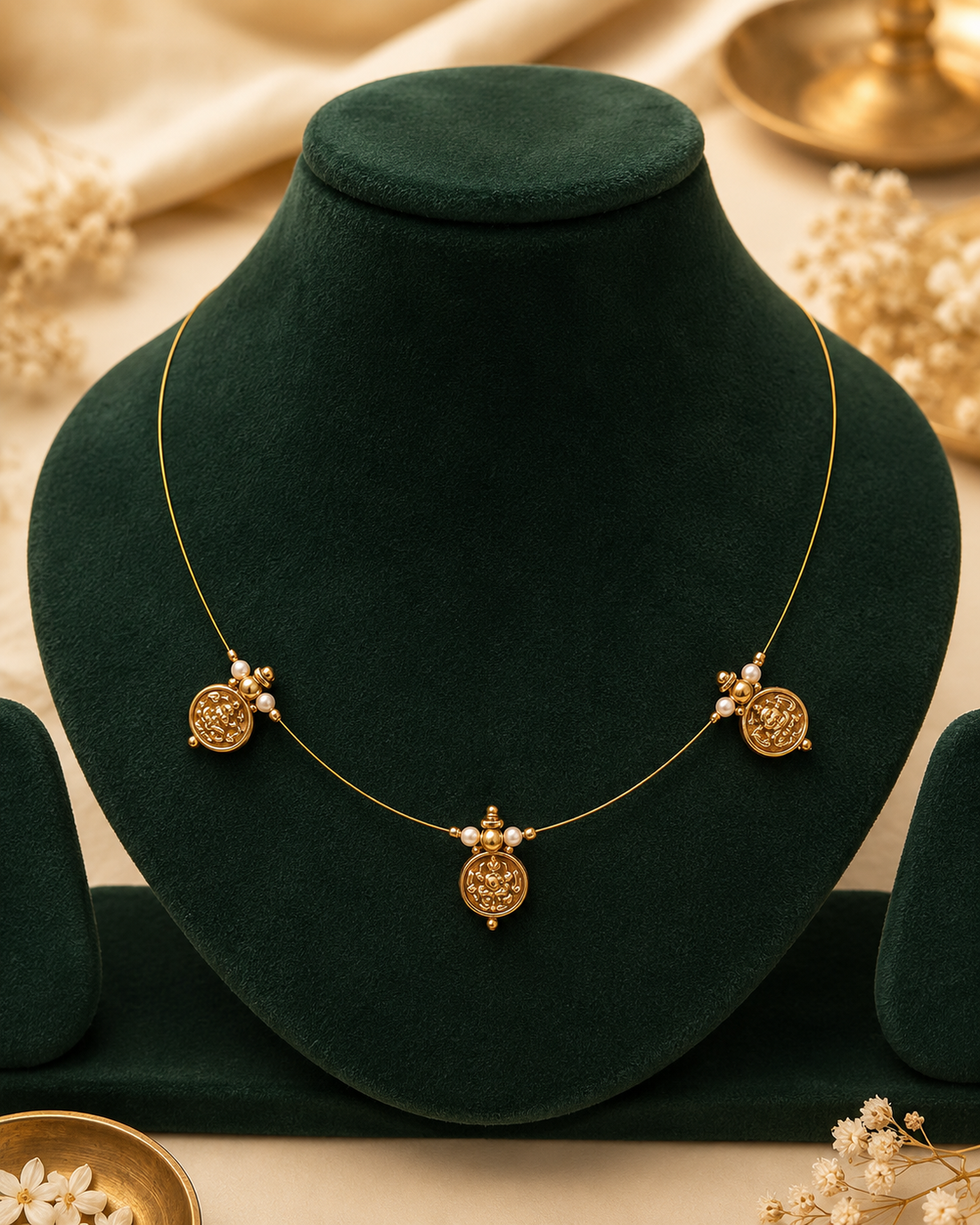 Antique Gold Nakshi Coin Necklace with Pearls | L14786