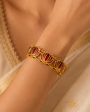 Buy 1 Get 1 Free, Gold Deep Red Meenakari Lotus Bangle Bracelet | L11123