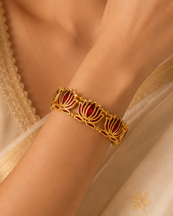Buy 1 Get 1 Free, Gold Deep Red Meenakari Lotus Bangle Bracelet | L11123