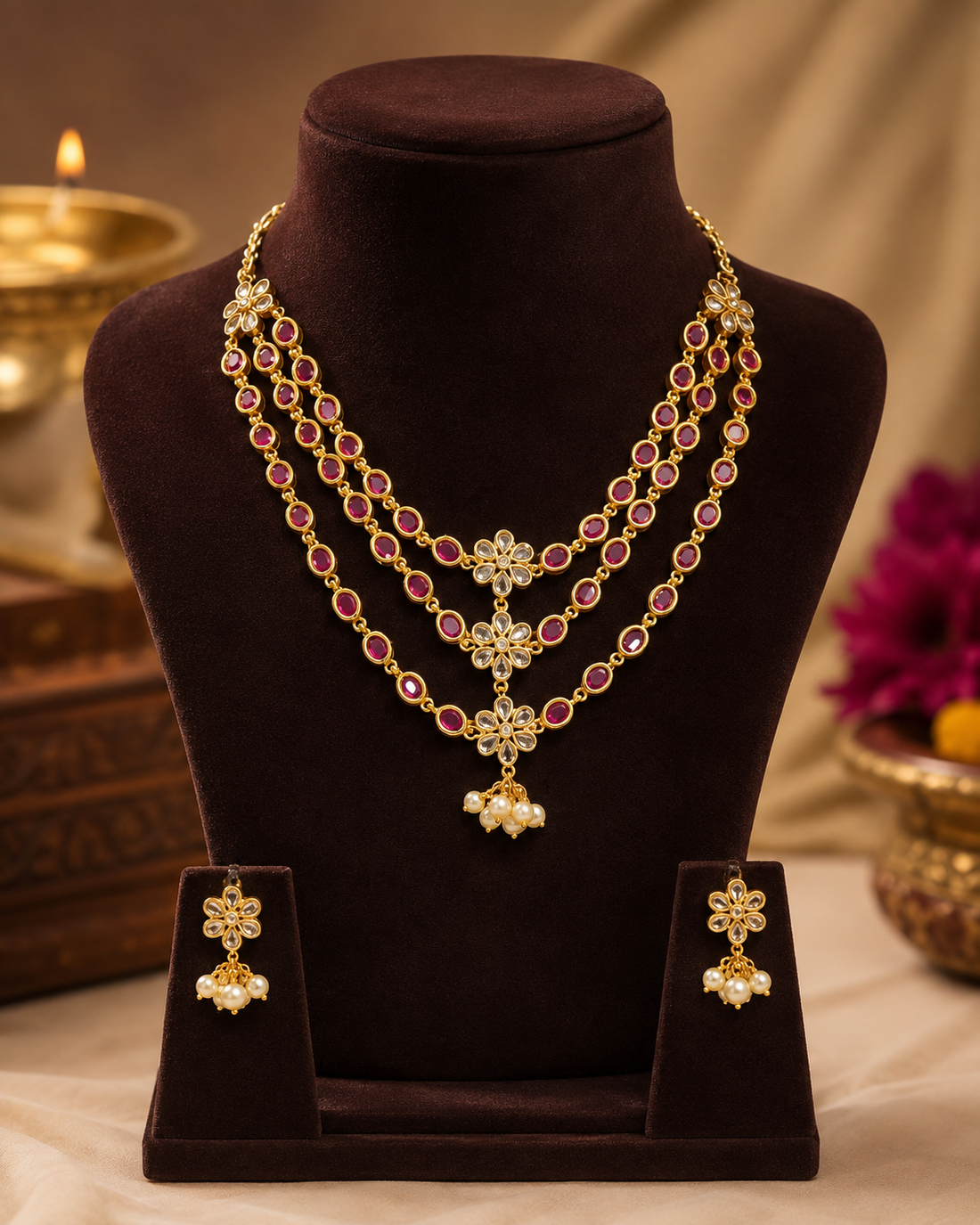 Gold Triple-Strand Ruby Oval Necklace Set with Polki Floral Connectors | OG34