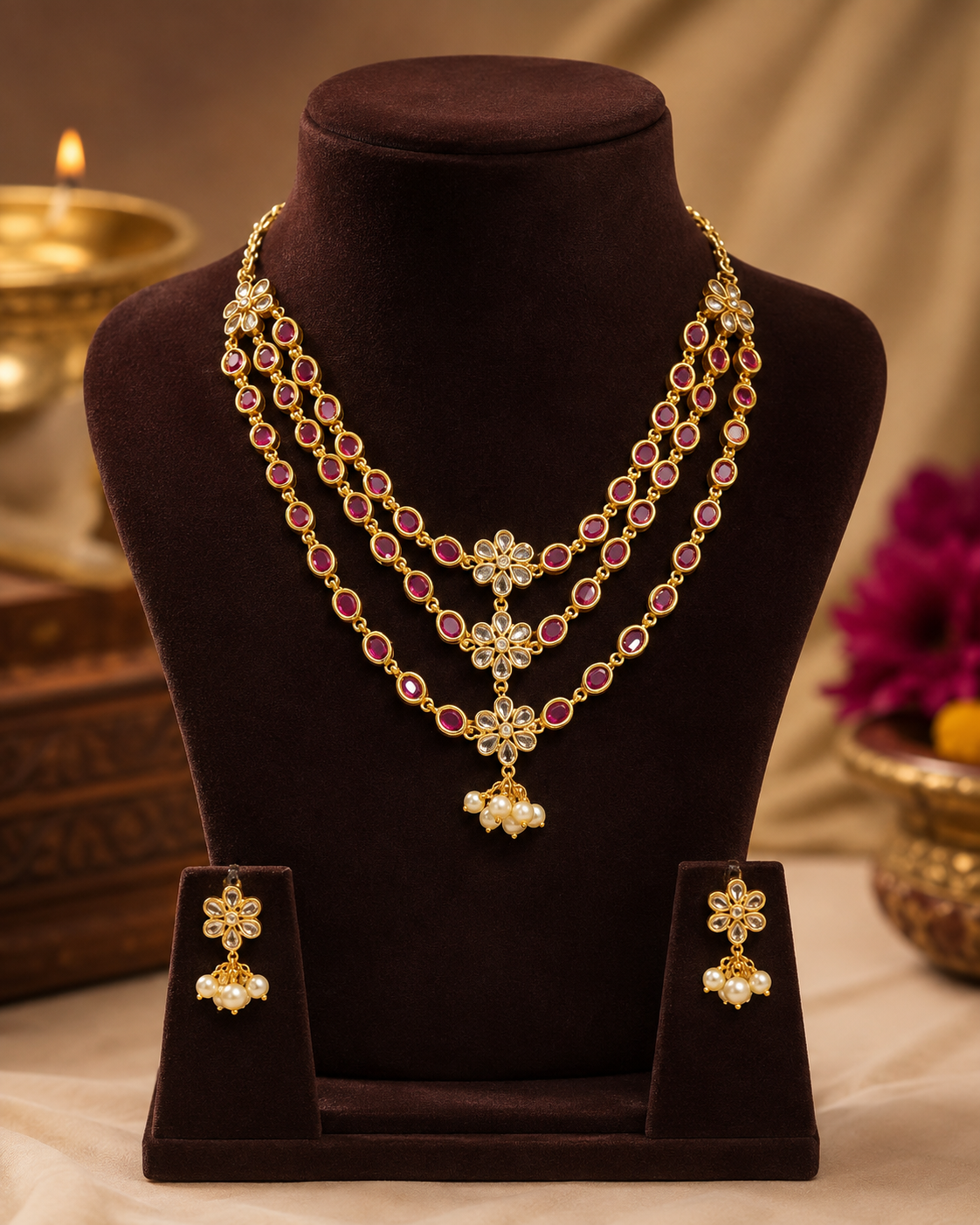 Gold Triple-Strand Ruby Oval Necklace Set with Polki Floral Connectors | OG34