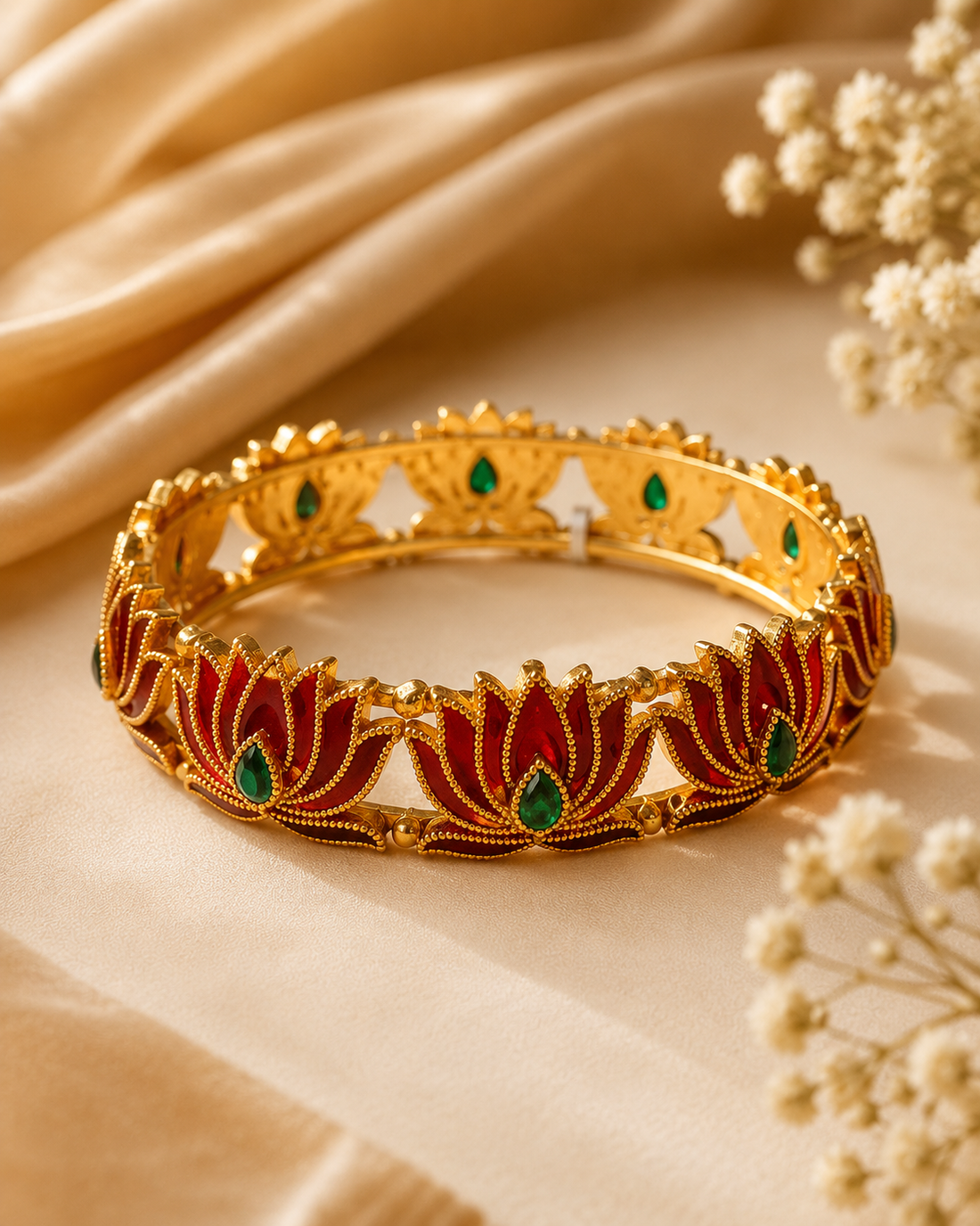 Buy 1 Get 1 Free, Gold Deep Red Green Meenakari Lotus Petal Bangle | L11124