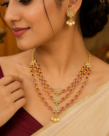 Gold Triple-Strand Ruby Oval Necklace Set with Polki Floral Connectors | OG34