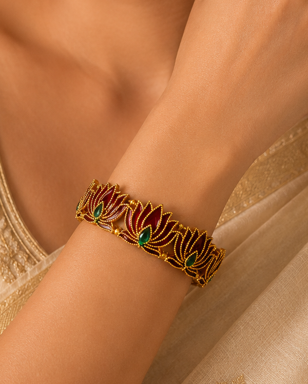 Buy 1 Get 1 Free, Gold Deep Red Green Meenakari Lotus Petal Bangle | L11124