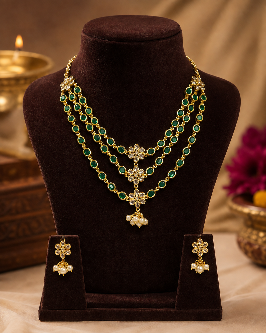 Gold Triple-Strand Ruby Oval Necklace Set with Polki Floral Connectors | OG34