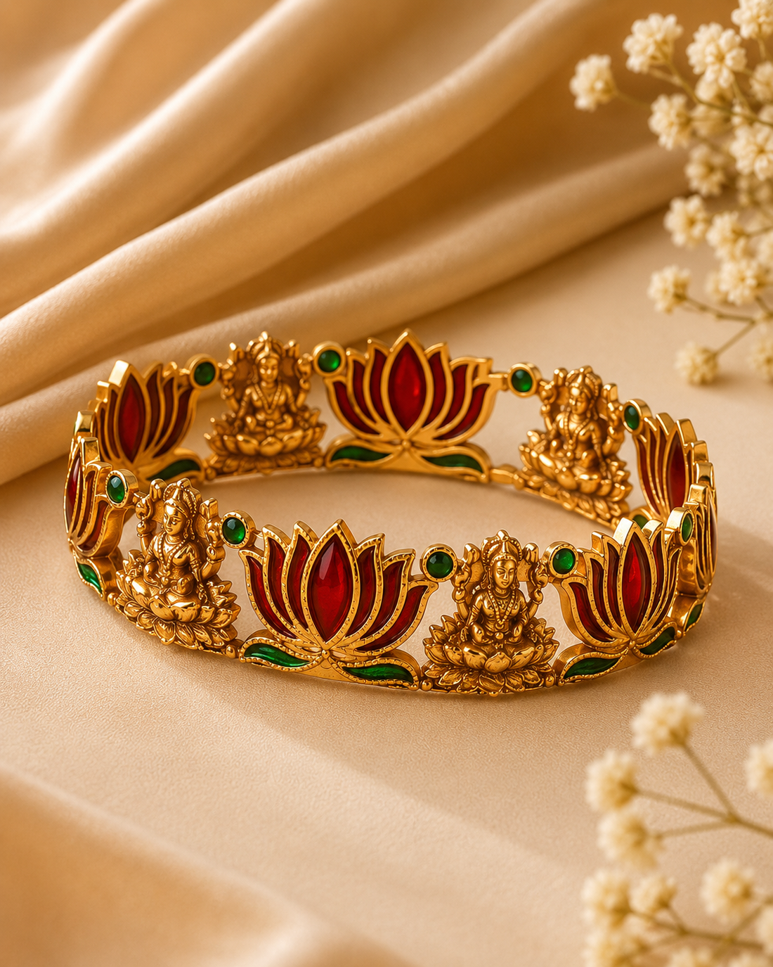 Buy 1 Get 1 Free, Antique Gold Lakshmi Temple Lotus Bangle | L11122