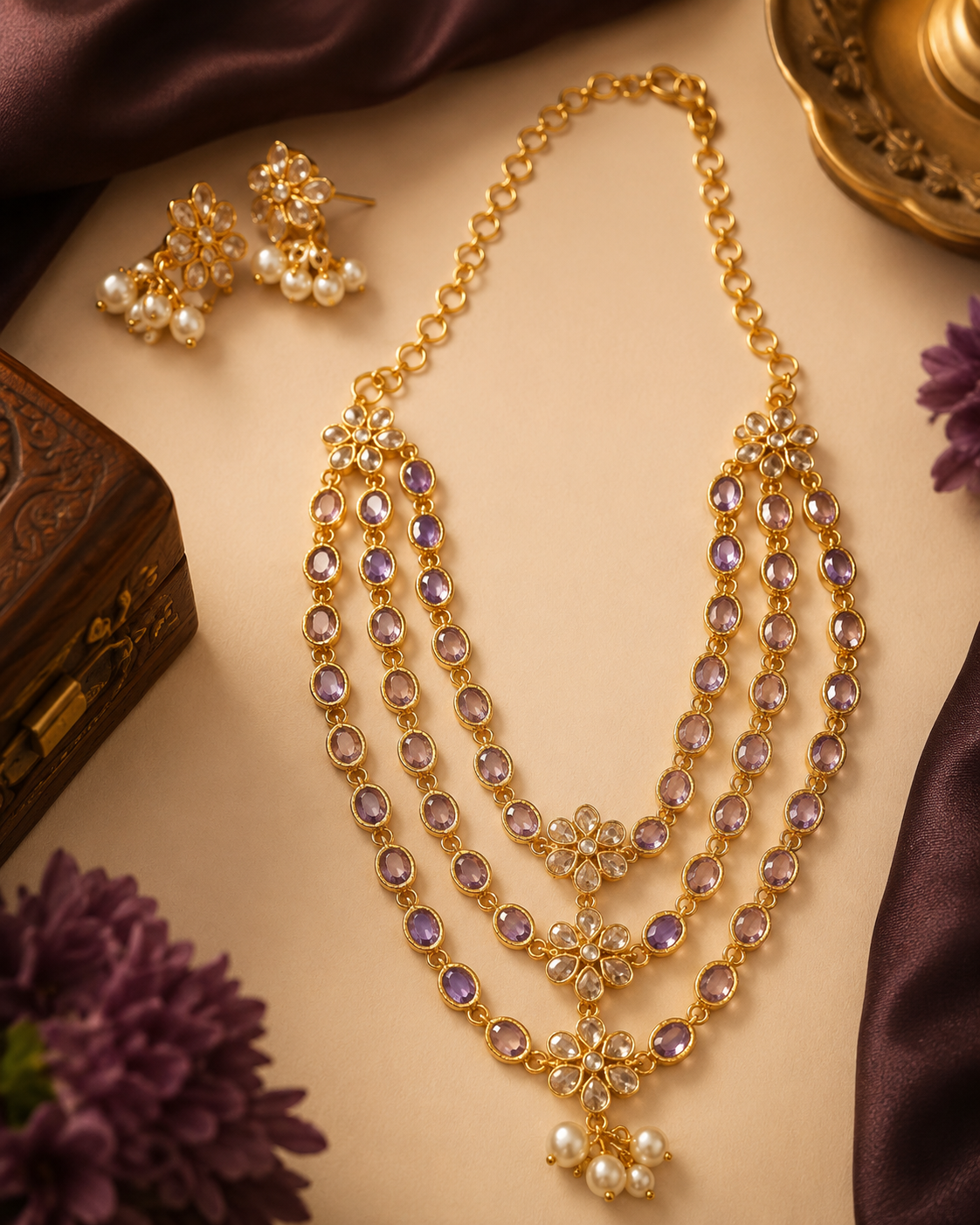 Gold Triple-Strand Ruby Oval Necklace Set with Polki Floral Connectors | OG34