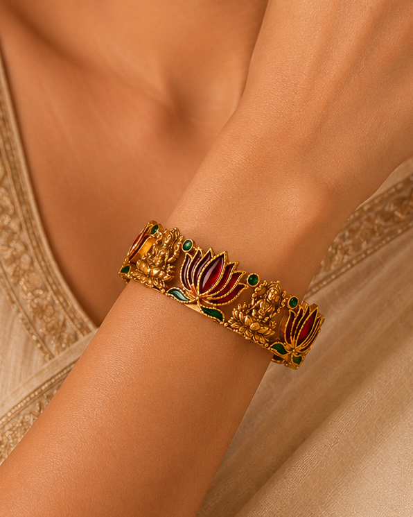 Buy 1 Get 1 Free, Antique Gold Lakshmi Temple Lotus Bangle | L11122