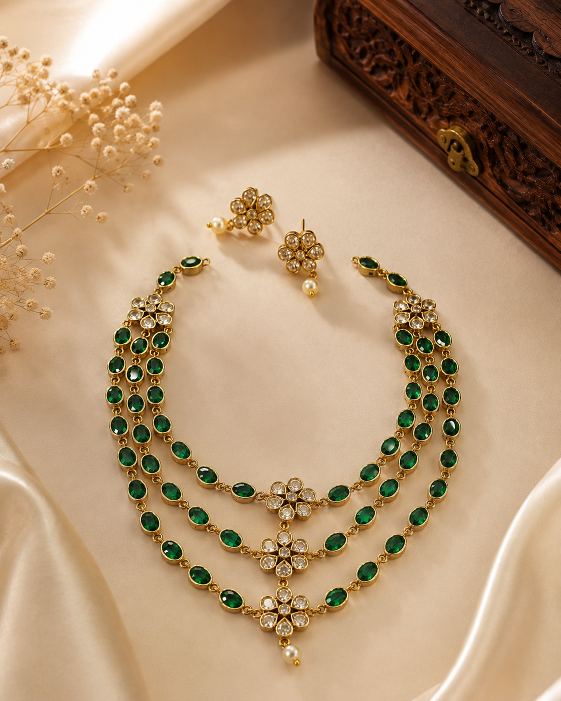 Gold Triple-Strand Emerald Oval Necklace Set with Polki CZ Floral Connectors | ONK213