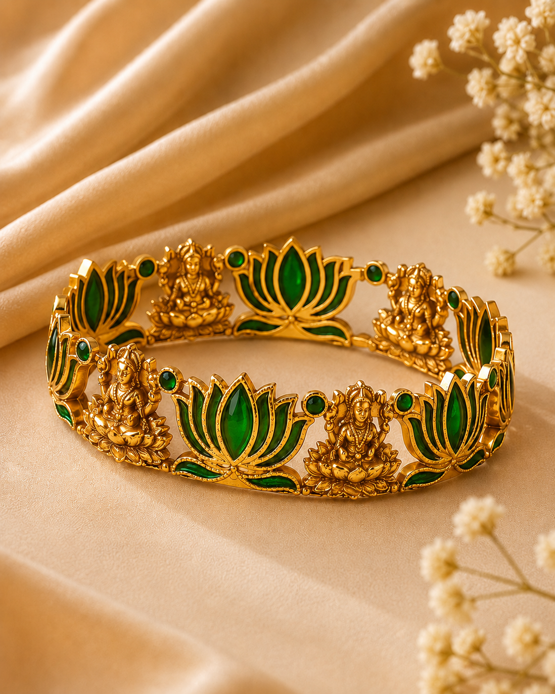 Buy 1 Get 1 Free, Antique Gold Lakshmi Temple Lotus Bangle | L11122