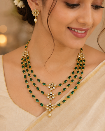 Gold Triple-Strand Emerald Oval Necklace Set with Polki CZ Floral Connectors | ONK213
