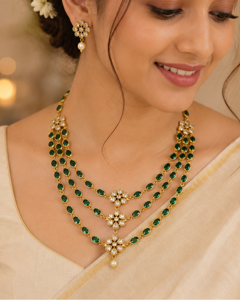 Gold Triple-Strand Emerald Oval Necklace Set with Polki CZ Floral Connectors | ONK213