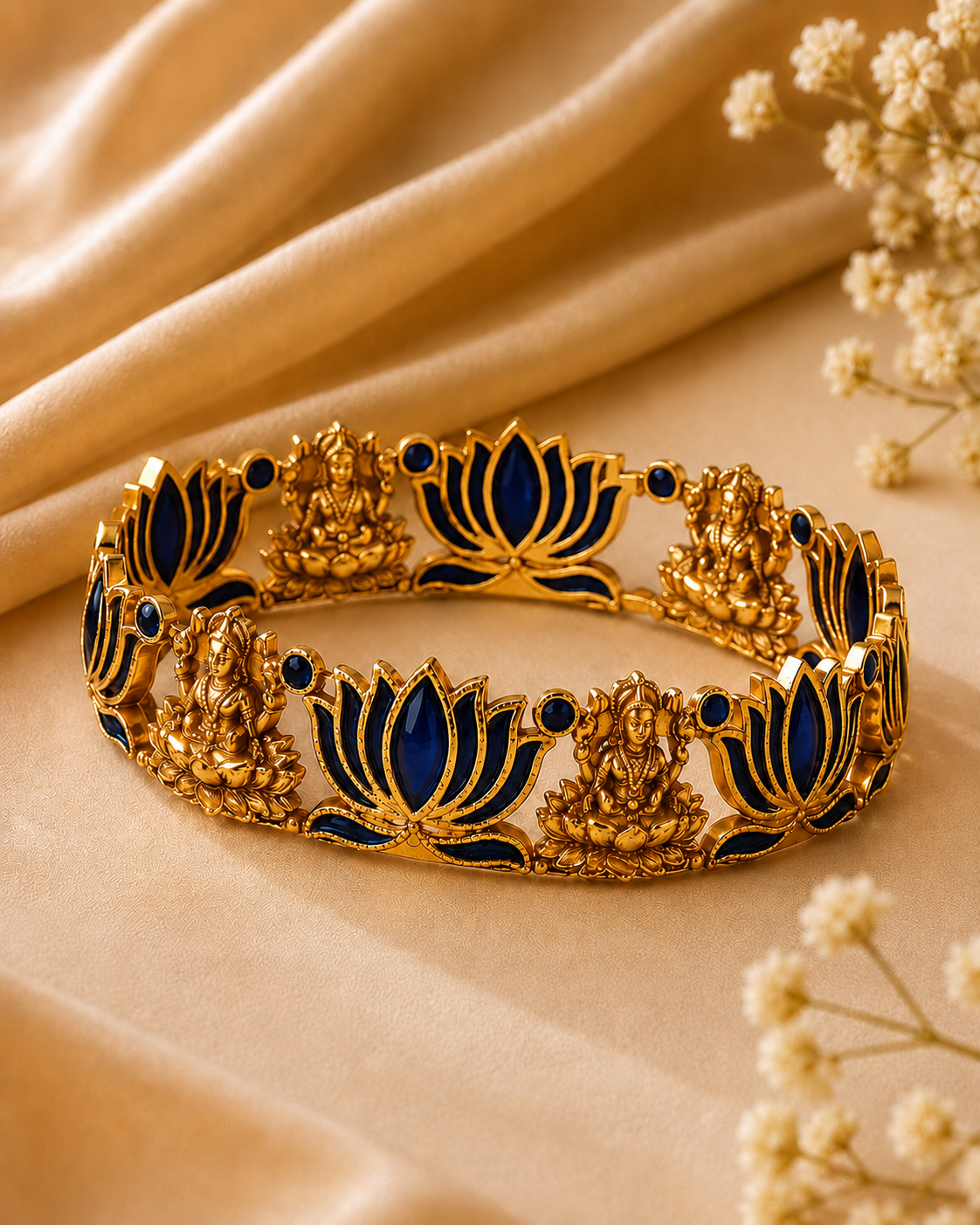 Buy 1 Get 1 Free, Antique Gold Lakshmi Temple Lotus Bangle | L11122