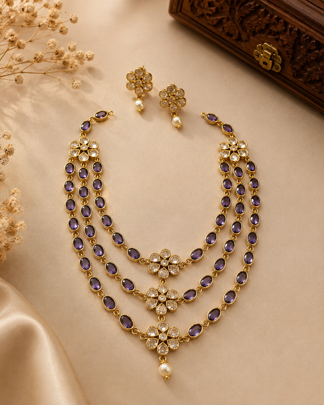 Gold Triple-Strand Emerald Oval Necklace Set with Polki CZ Floral Connectors | ONK213