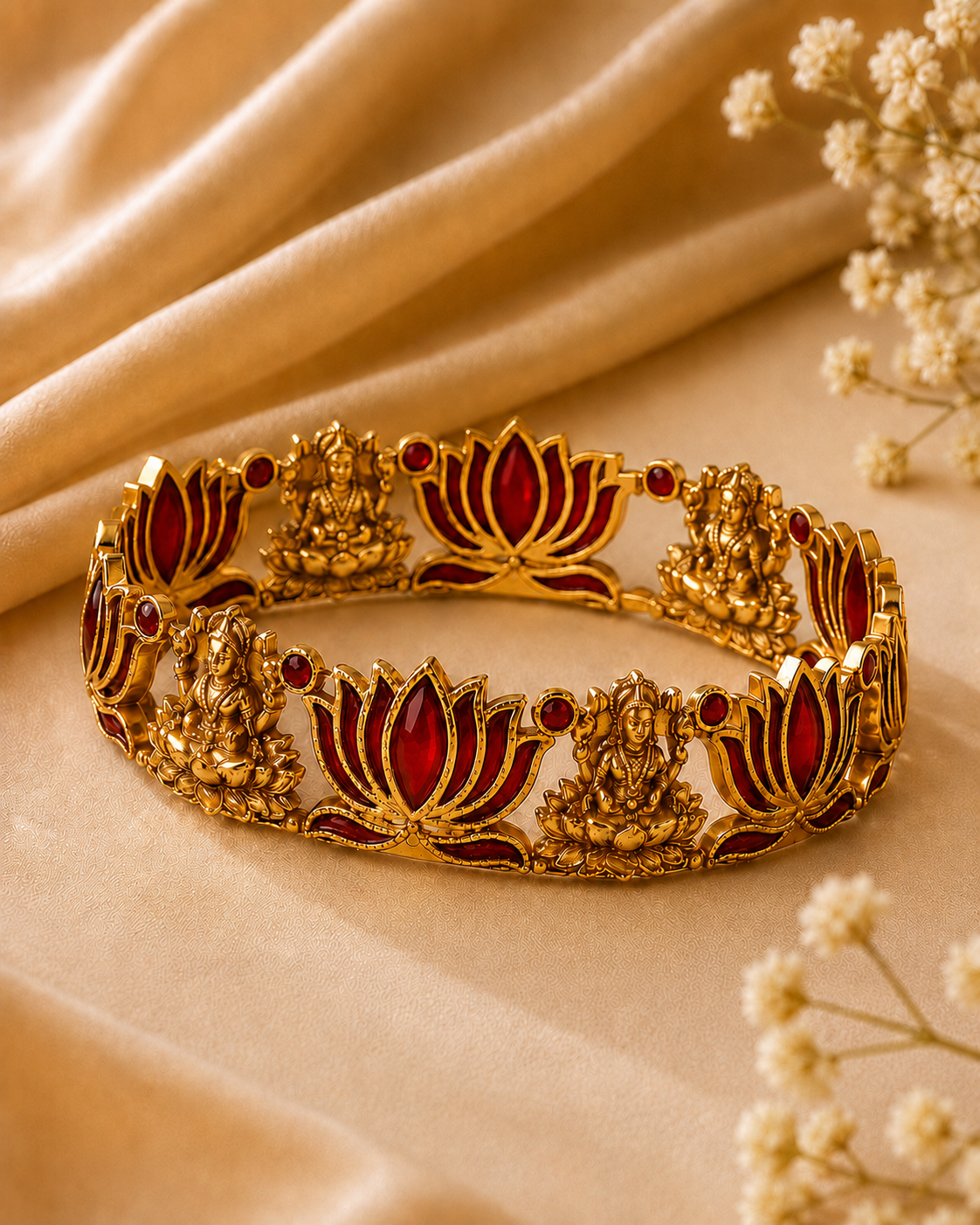 Buy 1 Get 1 Free, Antique Gold Lakshmi Temple Lotus Bangle | L11122
