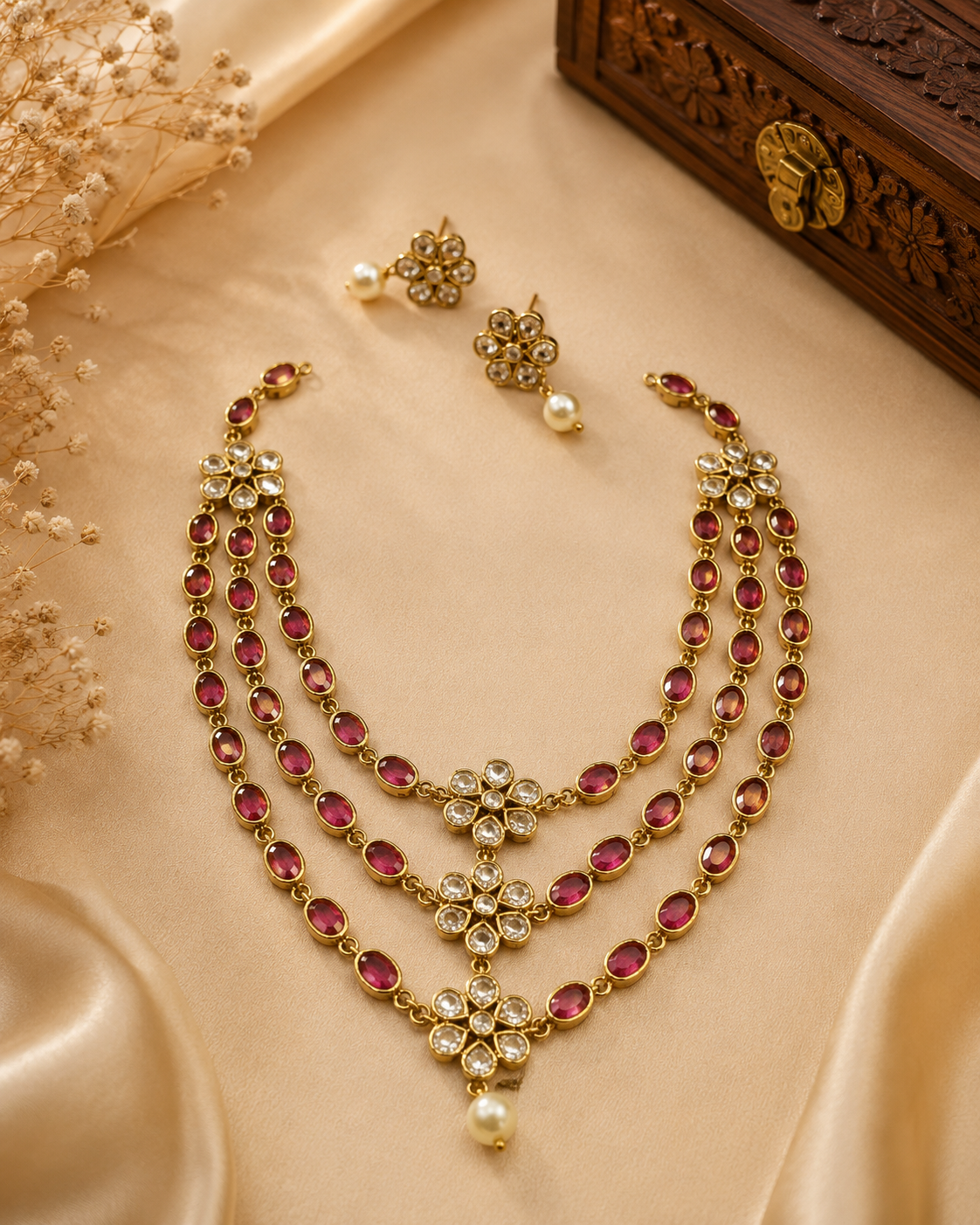 Gold Triple-Strand Emerald Oval Necklace Set with Polki CZ Floral Connectors | ONK213