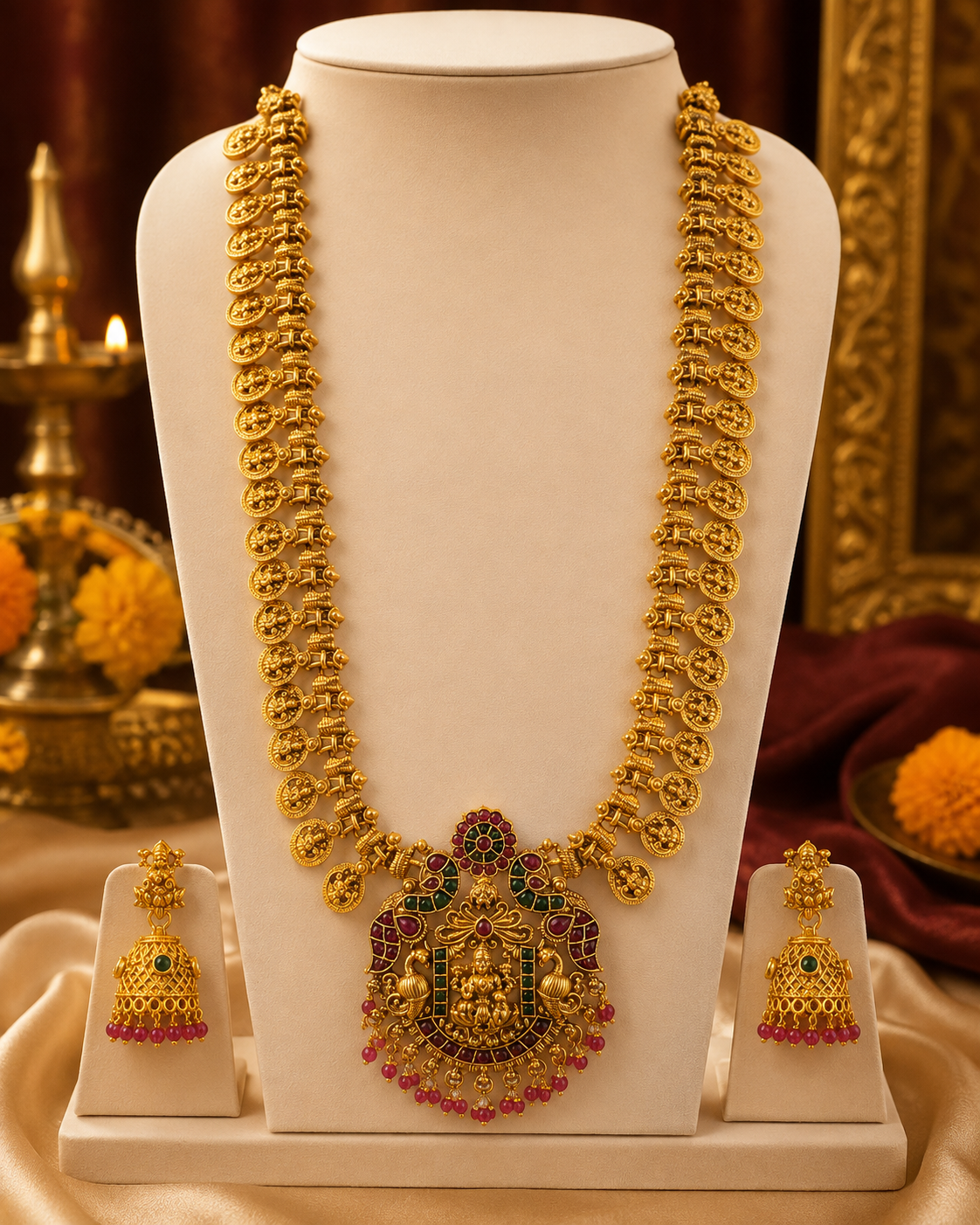 Antique Gold Lakshmi Long Haram with Floral Coin Chain & Kemp Pendant | ONK218