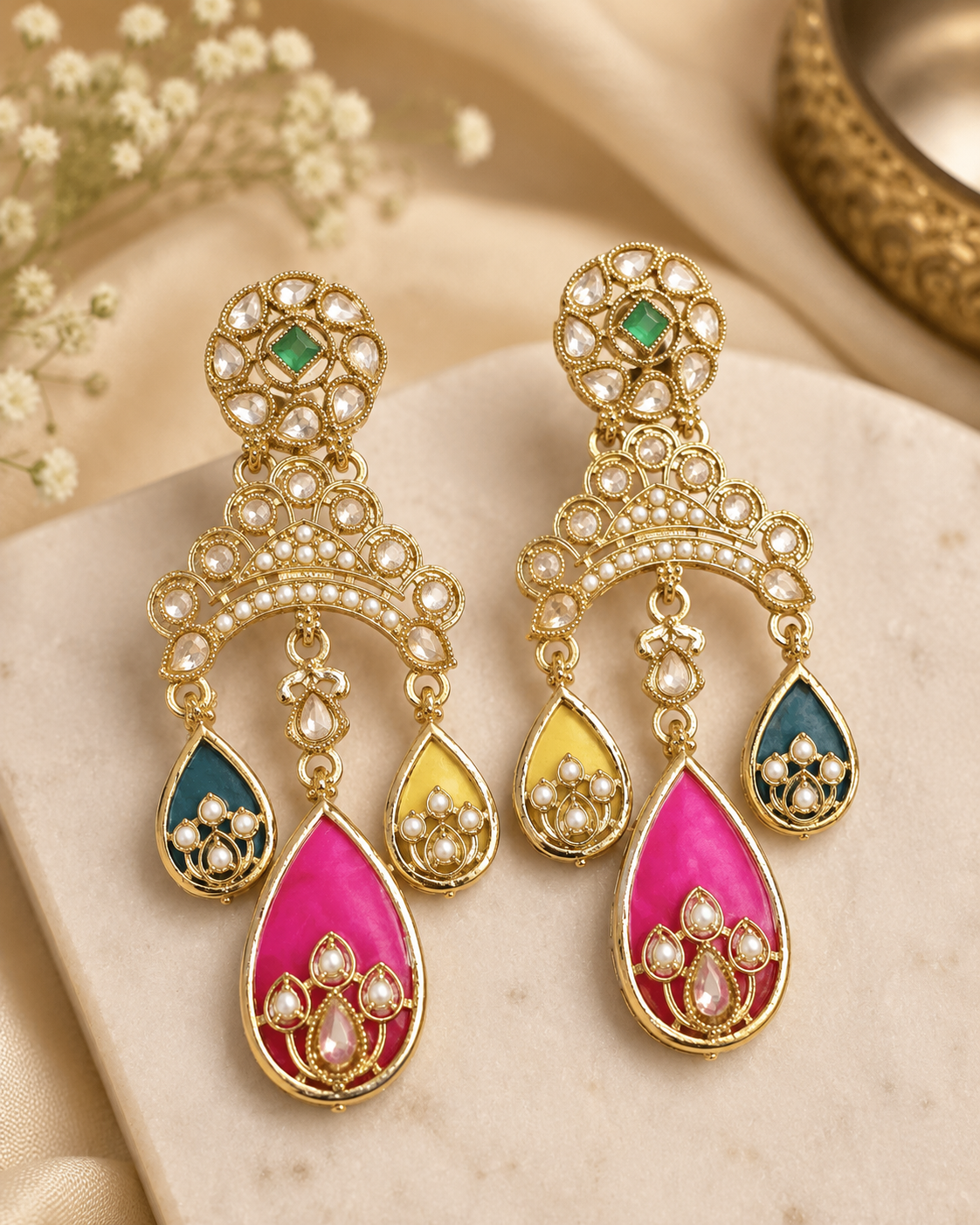 Gold Multicolour Meenakari Chandbali Earrings | OLT162