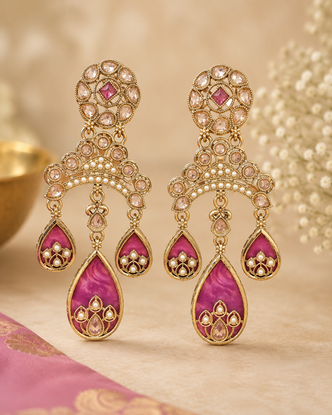 Gold Multicolour Meenakari Chandbali Earrings | OLT162