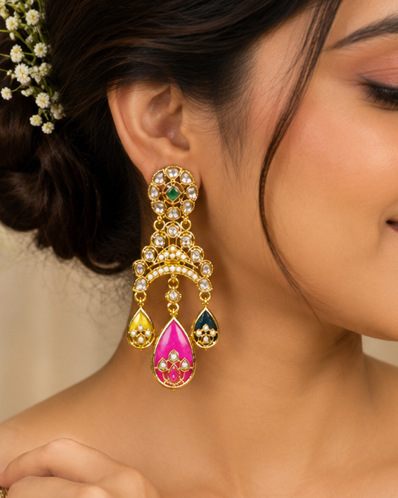 Gold Multicolour Meenakari Chandbali Earrings | OLT162