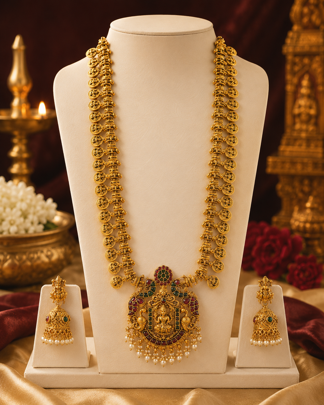 Antique Gold Lakshmi Long Haram with Floral Coin Chain & Kemp Pendant | ONK218