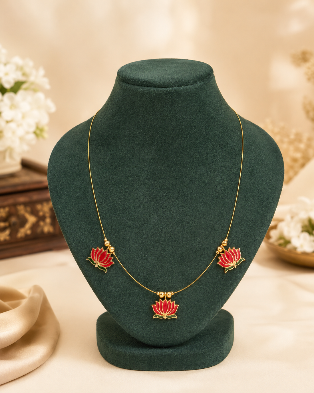Gold Triple Lotus Meenakari Invisible Chain Necklace | L14674