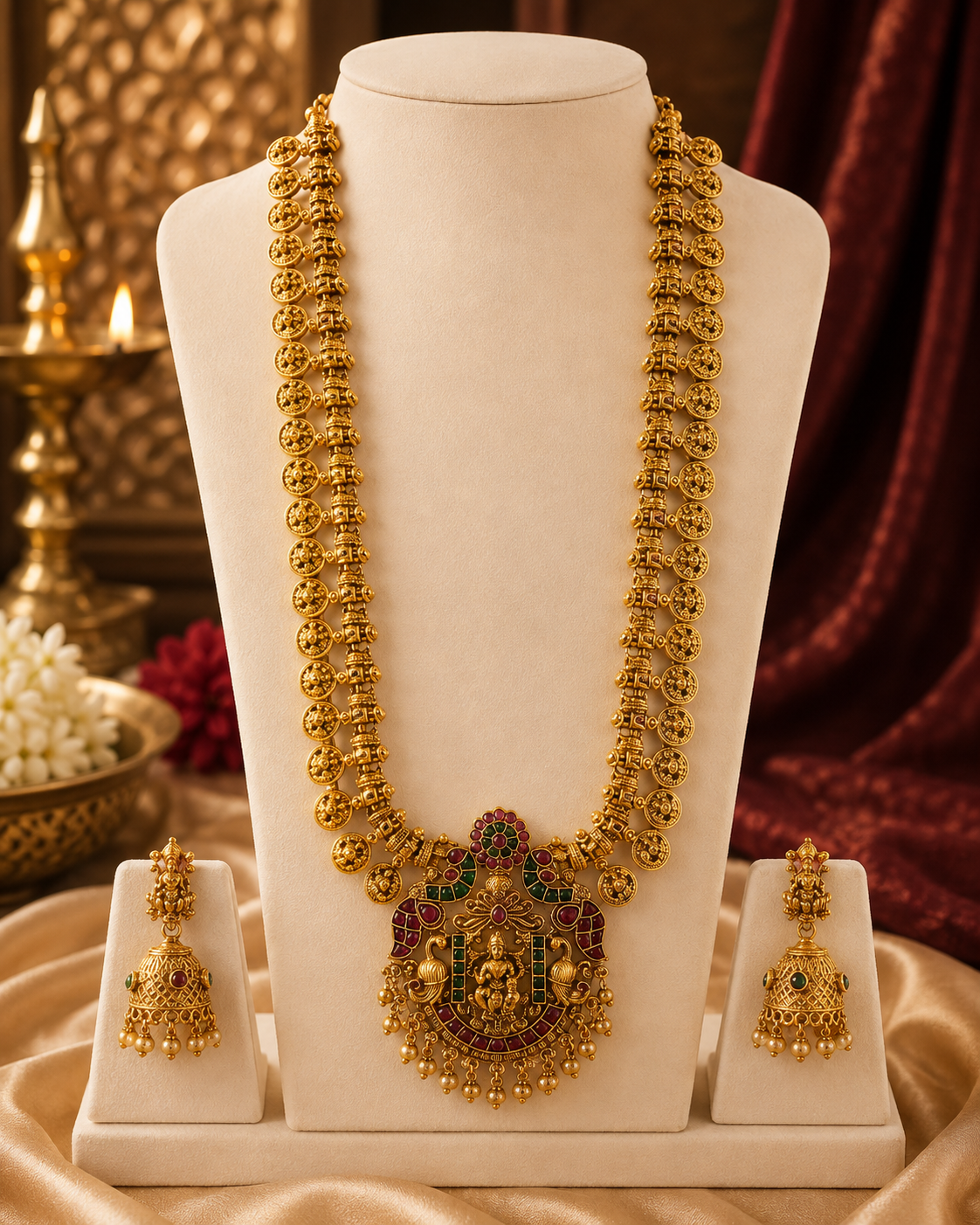 Antique Gold Lakshmi Long Haram with Floral Coin Chain & Kemp Pendant | ONK218