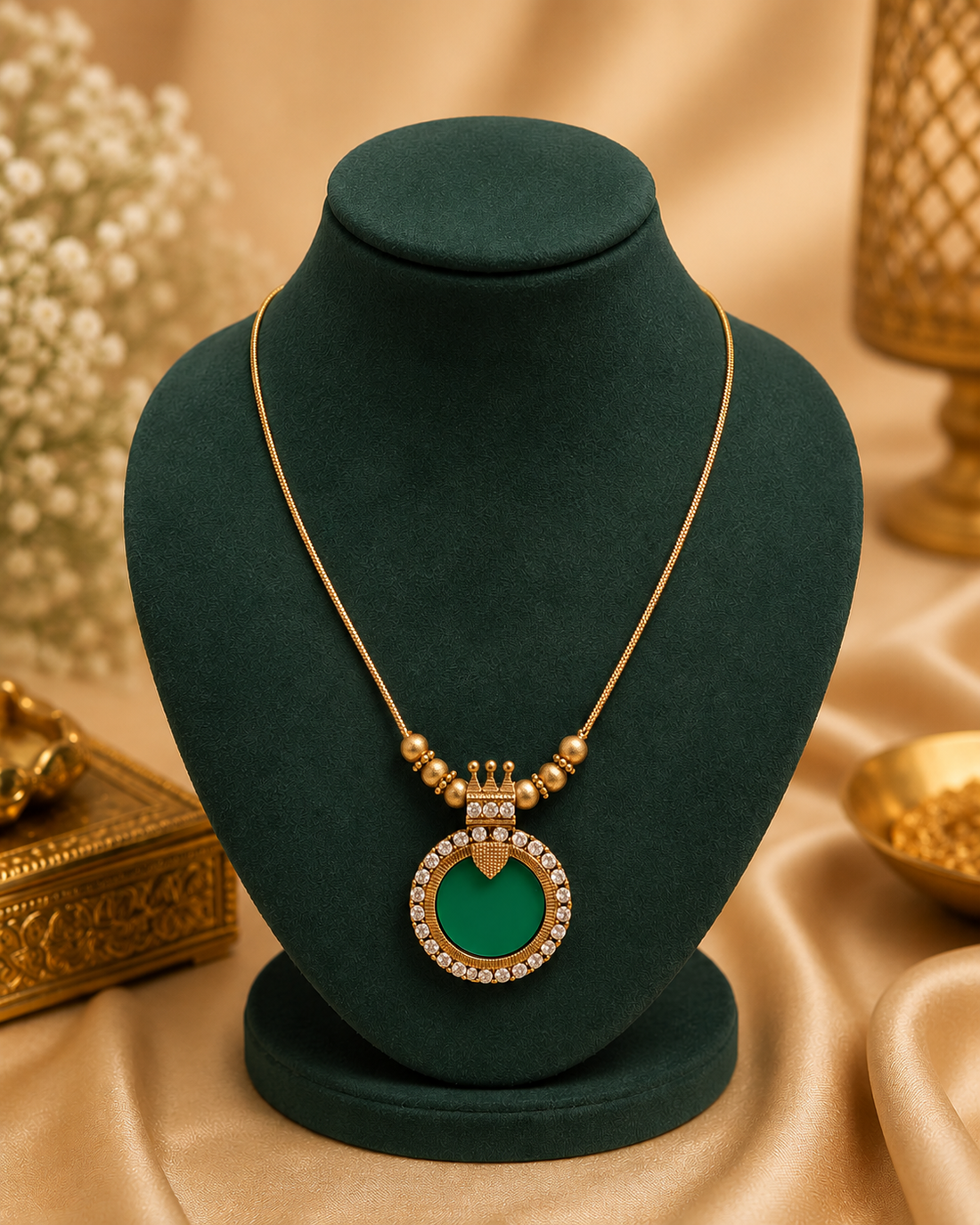 Antique Dull Gold Round Emerald CZ Pendant Necklace | L14991