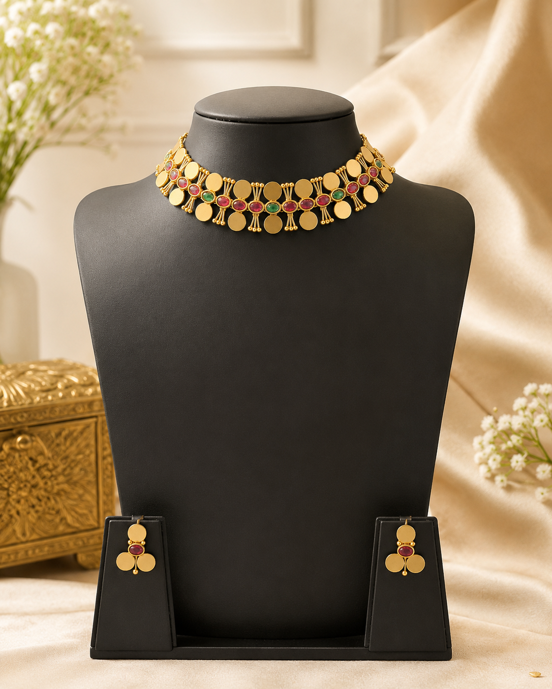 Coin Choker Necklace Set with Green Cabochon Stones | ONK196