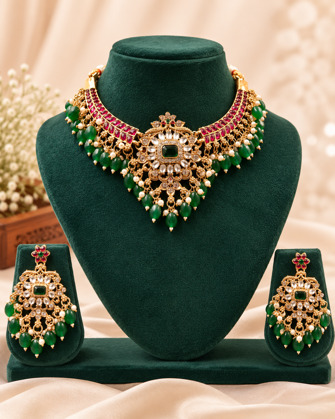 Gold Ruby Baguette Polki CZ Emerald Green Bead Cascade Choker Necklace Set | OL98