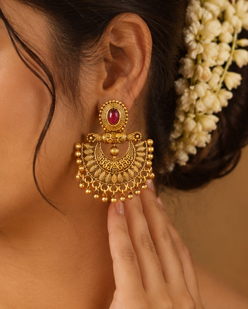 Antique Gold Ruby Oval Nakshi, Chandbali Gold Ball Fringe Earrings | SITA2529