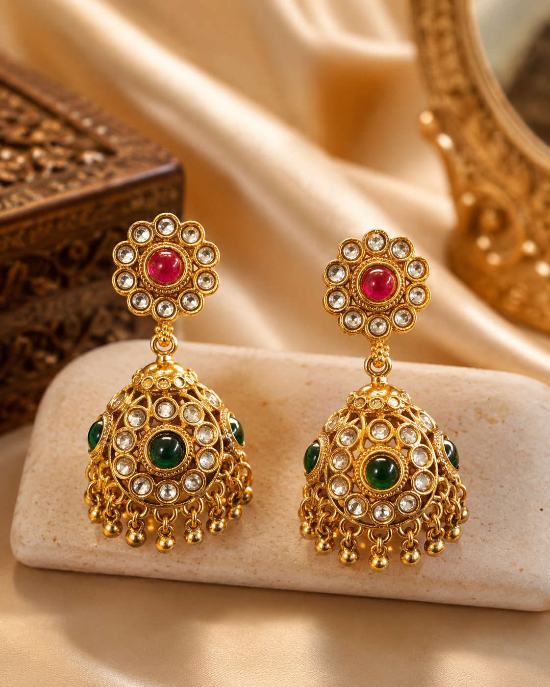 Gold Ruby Flower Top Nakshi Filigree Dome Jhumka with Emerald Accent | NKV11