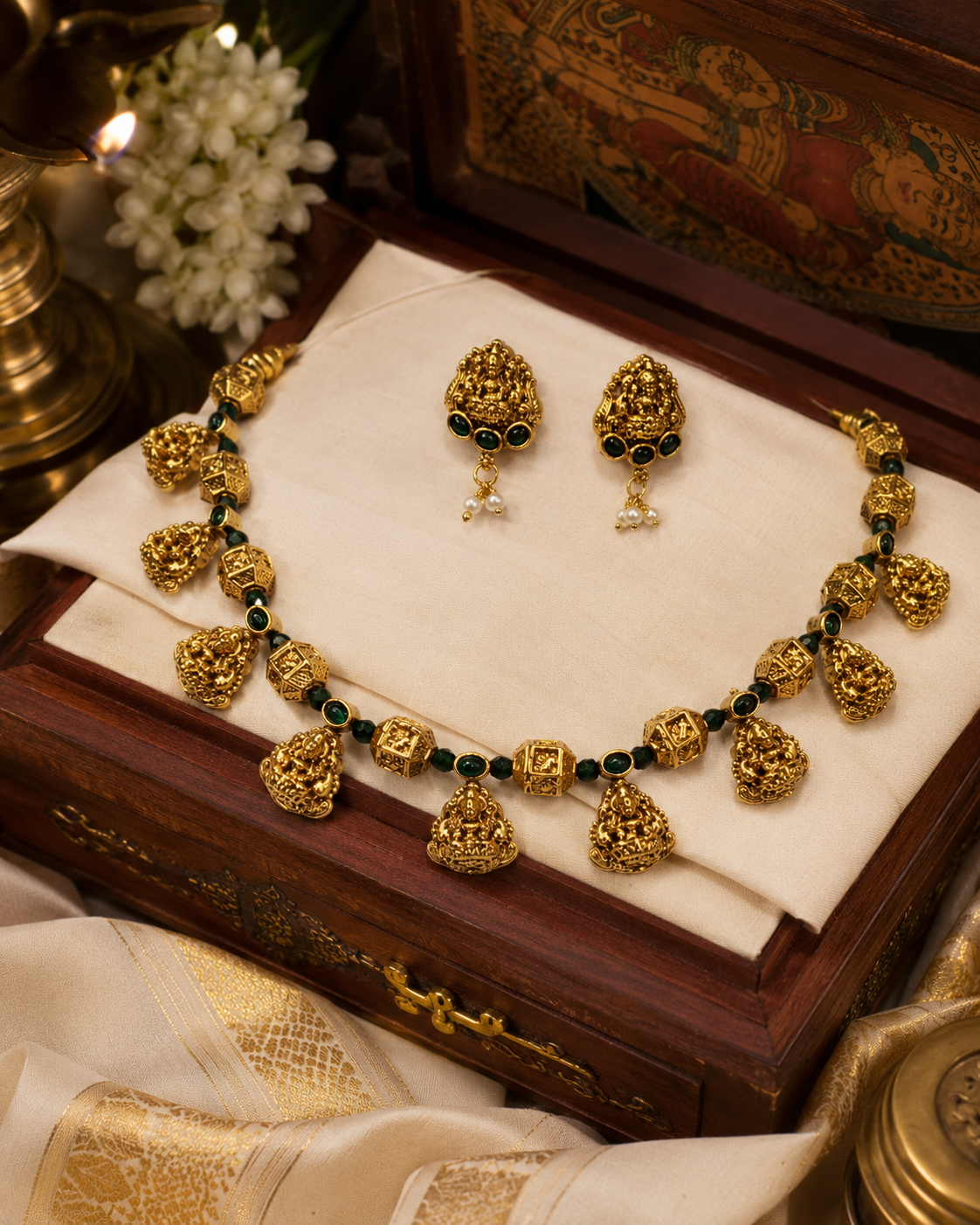 Antique Gold Nakshi Lakshmi Teardrop Charm Cube Bead Necklace Set with Emerald | OL271
