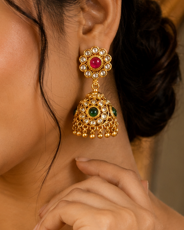 Gold Ruby Flower Top Nakshi Filigree Dome Jhumka with Emerald Accent | NKV11