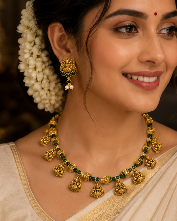 Antique Gold Nakshi Lakshmi Teardrop Charm Cube Bead Necklace Set with Emerald | OL271