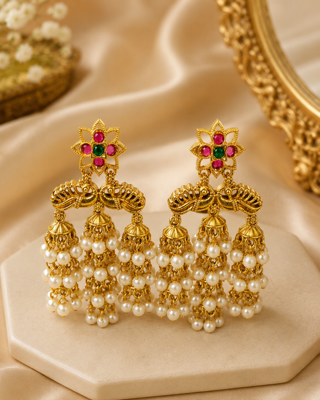 Gold Ruby Emerald Nakshi Triple Mini Jhumka Cascading Pearl Fringe Earrings | LV1436