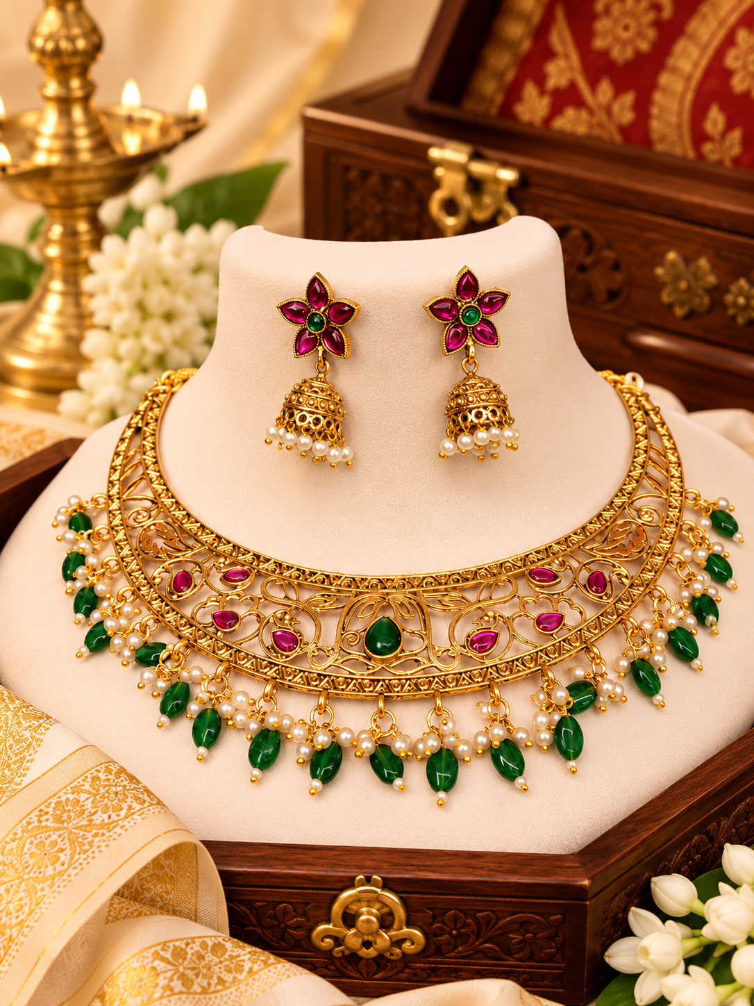 Antique Gold Open Filigree Scroll Wide Choker Necklace Set with Emerald Drops | OL264