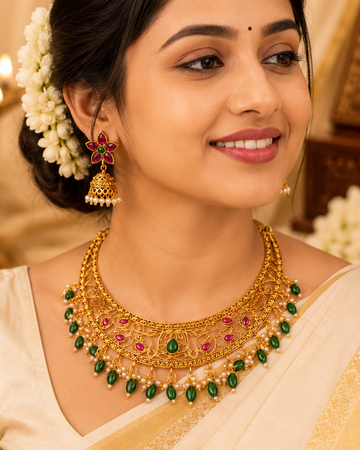 Antique Gold Open Filigree Scroll Wide Choker Necklace Set with Emerald Drops | OL264