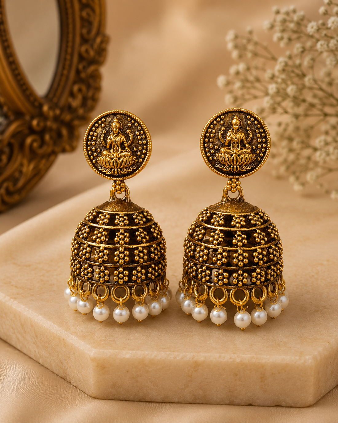 Antique Gold Top Granule Ribbed Stripe Dome Jhumka Pearl Fringe Earrings | SITA2533