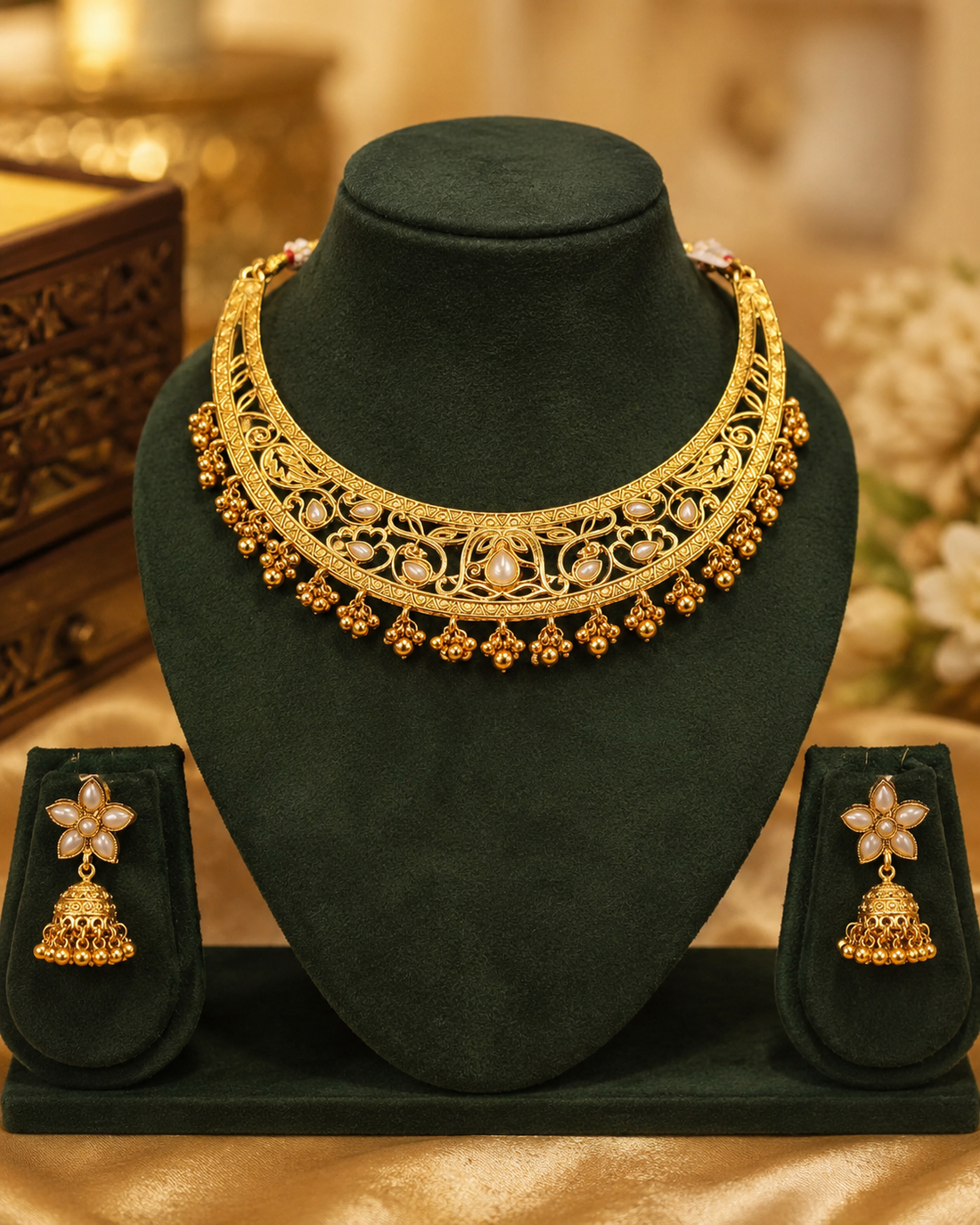 Antique Gold Open Filigree Scroll Vine Wide Choker Necklace Set with Pearl | OL263