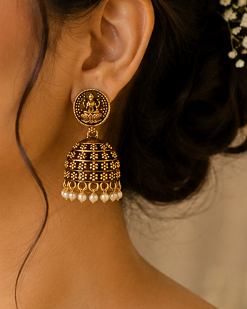 Antique Gold Top Granule Ribbed Stripe Dome Jhumka Pearl Fringe Earrings | SITA2533