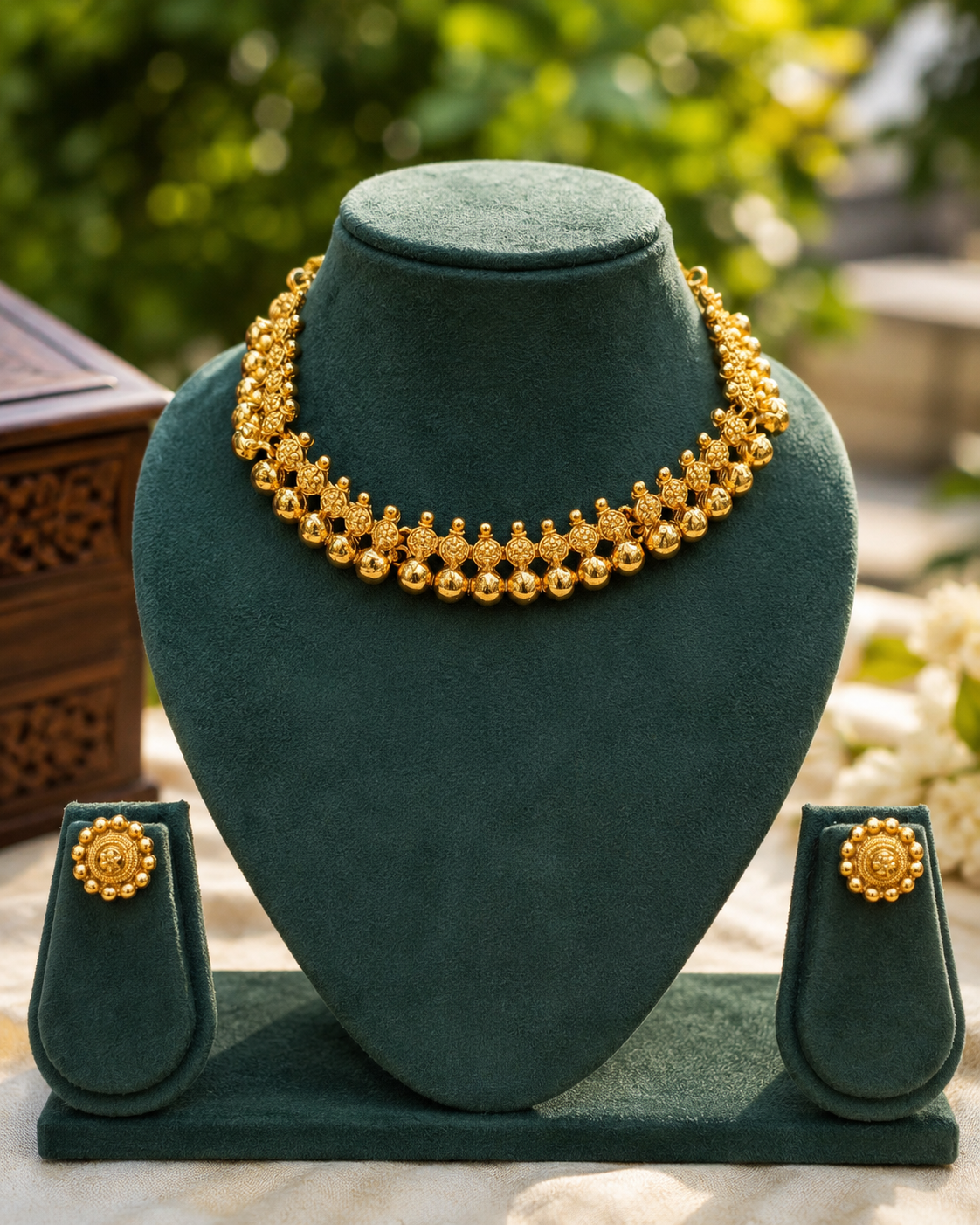 Antique Gold Nakshi Granulated Ball Cluster Choker Necklace Set | OL279