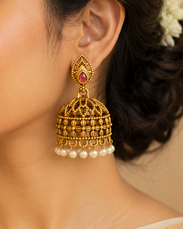 Antique Gold Ruby Teardrop Nakshi Jhumka Pearl Earrings | SITA2532