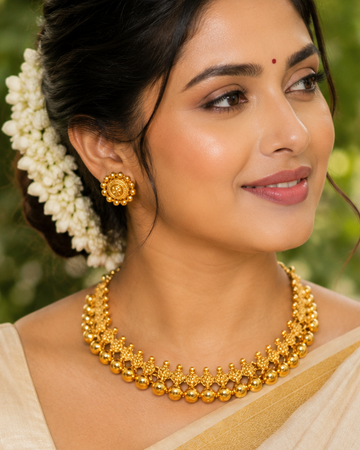 Antique Gold Nakshi Granulated Ball Cluster Choker Necklace Set | OL279
