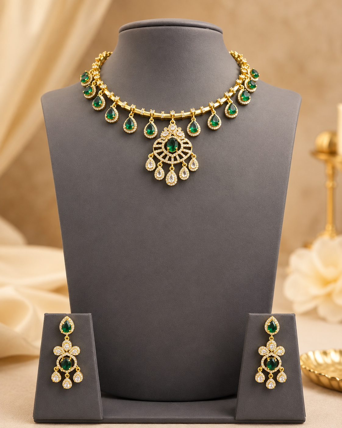 Gold Ruby Choker Necklace Set with Emerald Sunburst Pendant | NKV14