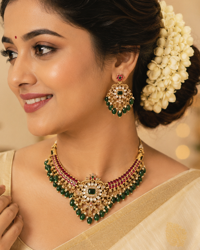 Gold Ruby Baguette Polki CZ Emerald Green Bead Cascade Choker Necklace Set | OL98