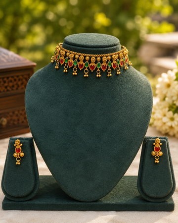 Antique Gold Ruby Emerald Teardrop Kemp Fringe Choker Necklace Set | OL267