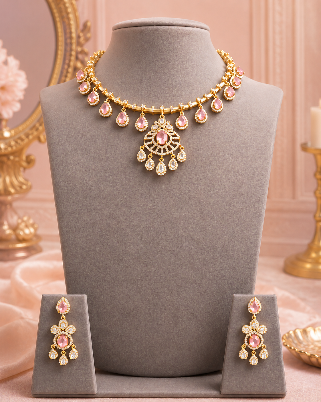 Victorian Style Gold Ruby Choker Necklace Set with Emerald Sunburst Pendant | NKV14