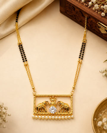 Antique Gold Gajlakshmi Elephant Rectangle Pendant Mangalsutra with CZ & Pearl | OL280