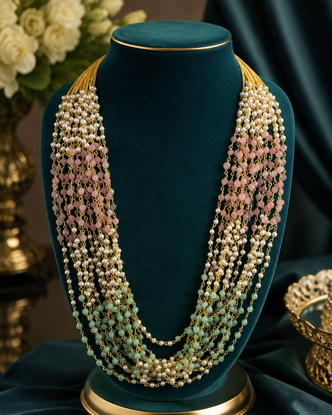 Gold Multi-Strand Ombre Rose Quartz Mint Green Seed Pearl Long Necklace | GV22